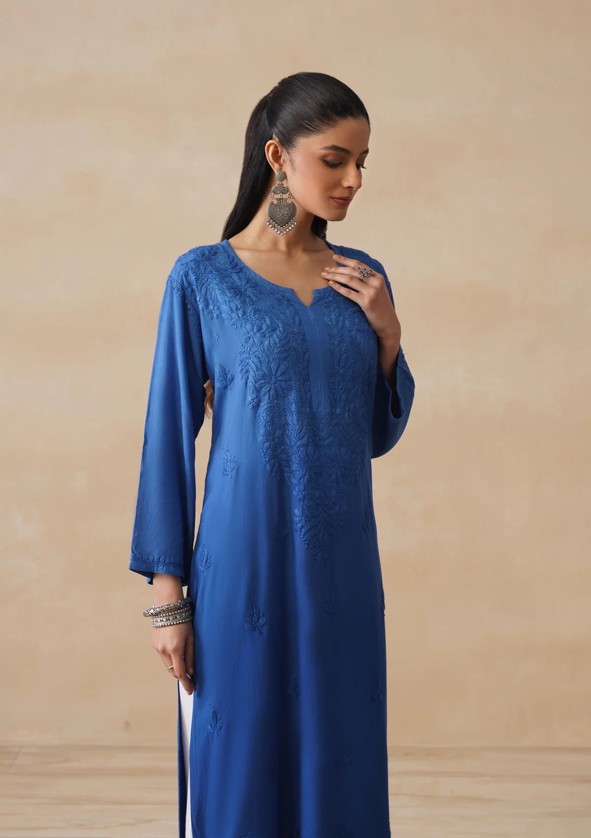 HOC Rayon Chikankari Solid Women's Long Kurta - Electric blue - Image 7