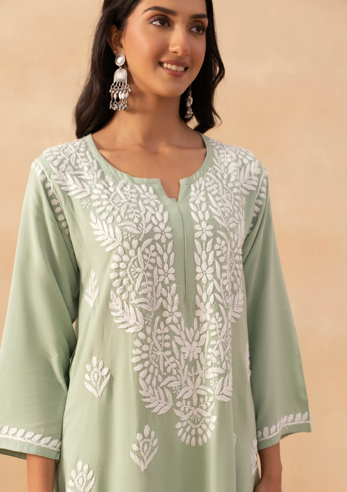 HOC Rayon Chikankari Solid Women's Long Kurta -Green pastel - Image 5