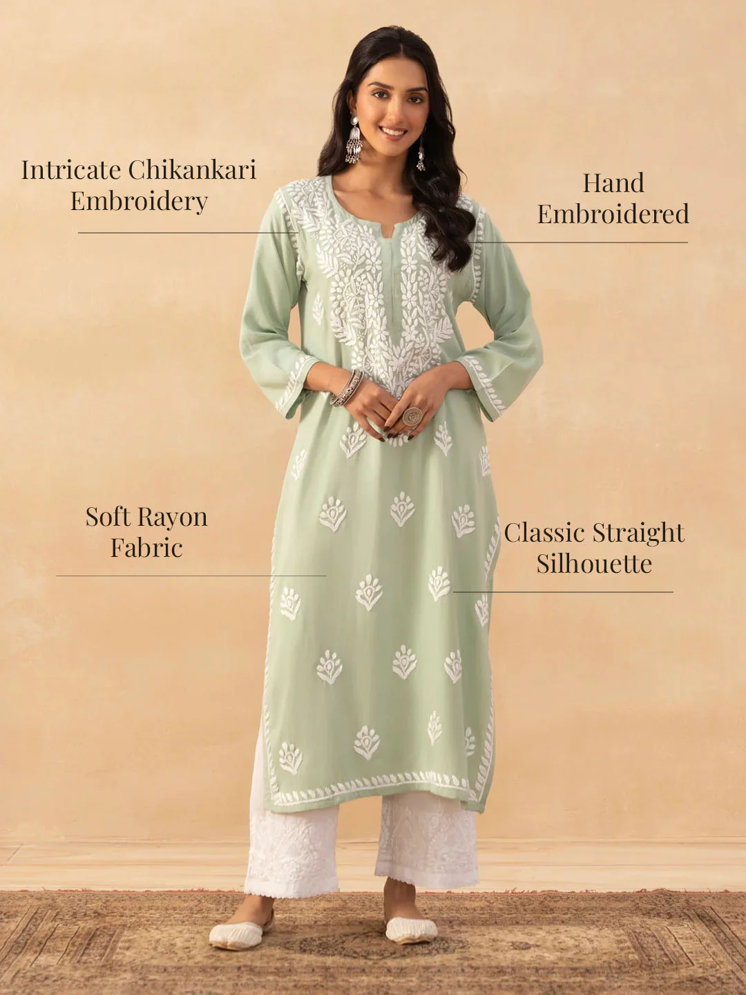 HOC Rayon Chikankari Solid Women's Long Kurta -Green pastel - Image 8