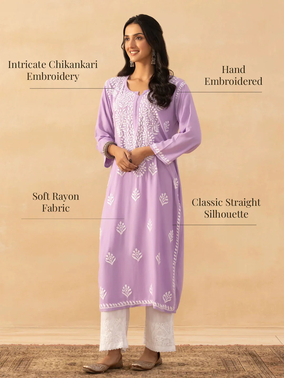 HOC Rayon Chikankari Solid Women's Long Kurta -Lavender - Image 10