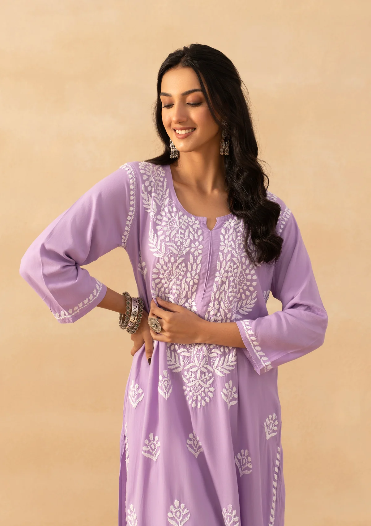 HOC Rayon Chikankari Solid Women's Long Kurta -Lavender - Image 4