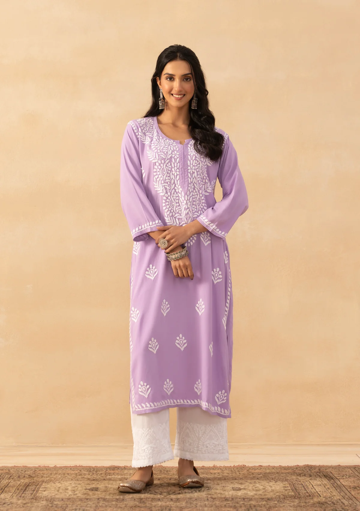 HOC Rayon Chikankari Solid Women's Long Kurta -Lavender - Image 5
