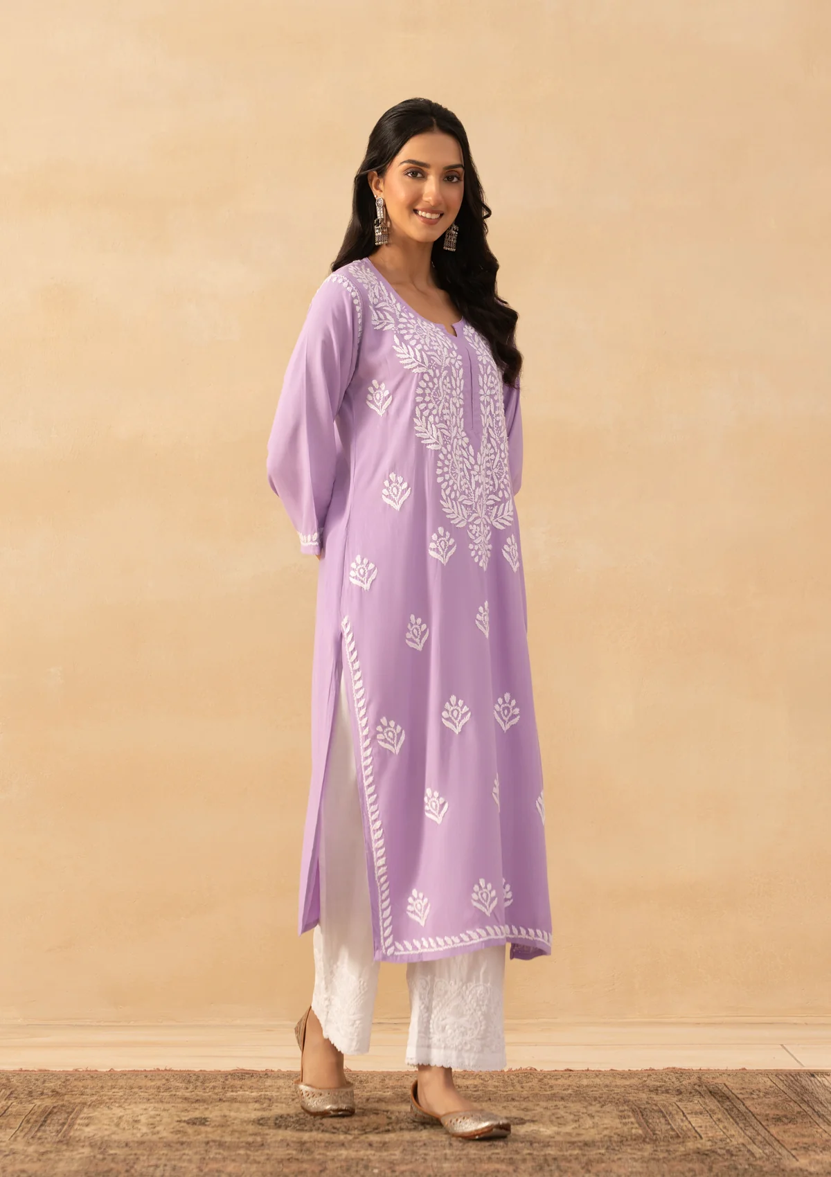 HOC Rayon Chikankari Solid Women's Long Kurta -Lavender - Image 7
