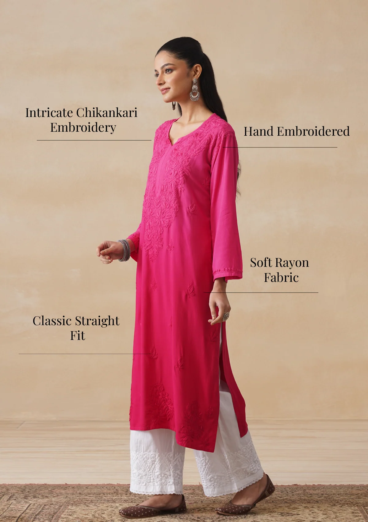 HOC Rayon Chikankari Solid Women's Long Kurta -Magenta - Image 10