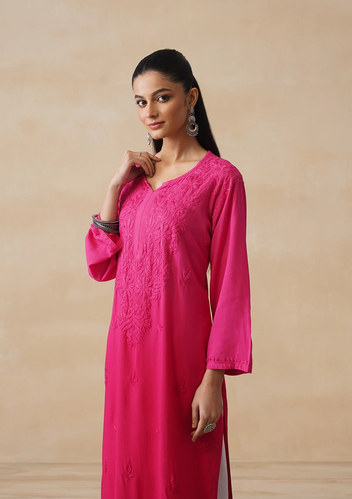HOC Rayon Chikankari Solid Women's Long Kurta -Magenta - Image 3