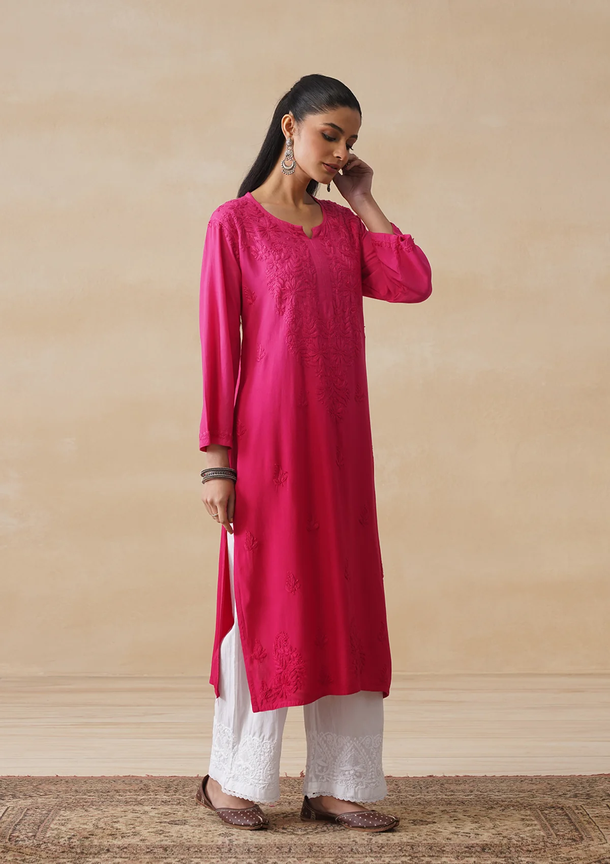 HOC Rayon Chikankari Solid Women's Long Kurta -Magenta - Image 4
