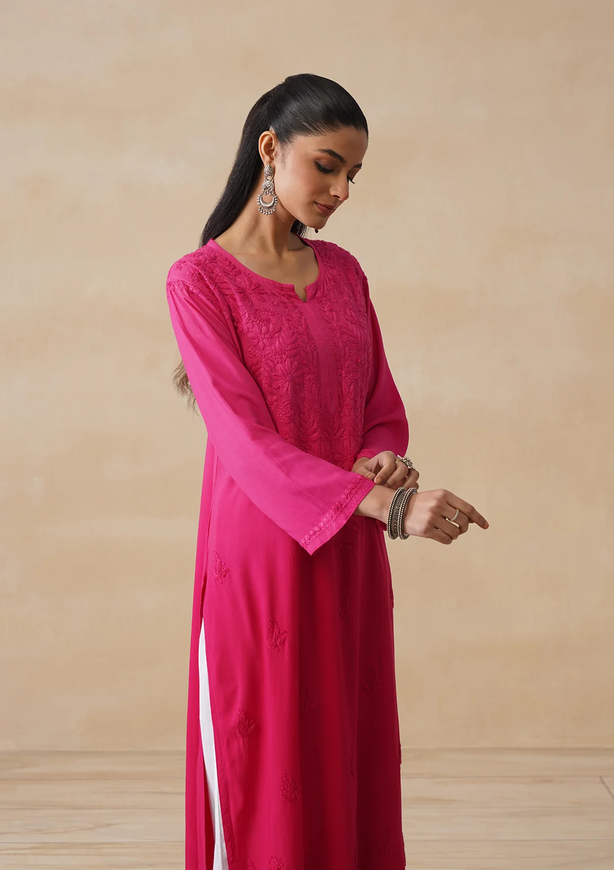 HOC Rayon Chikankari Solid Women's Long Kurta -Magenta - Image 7