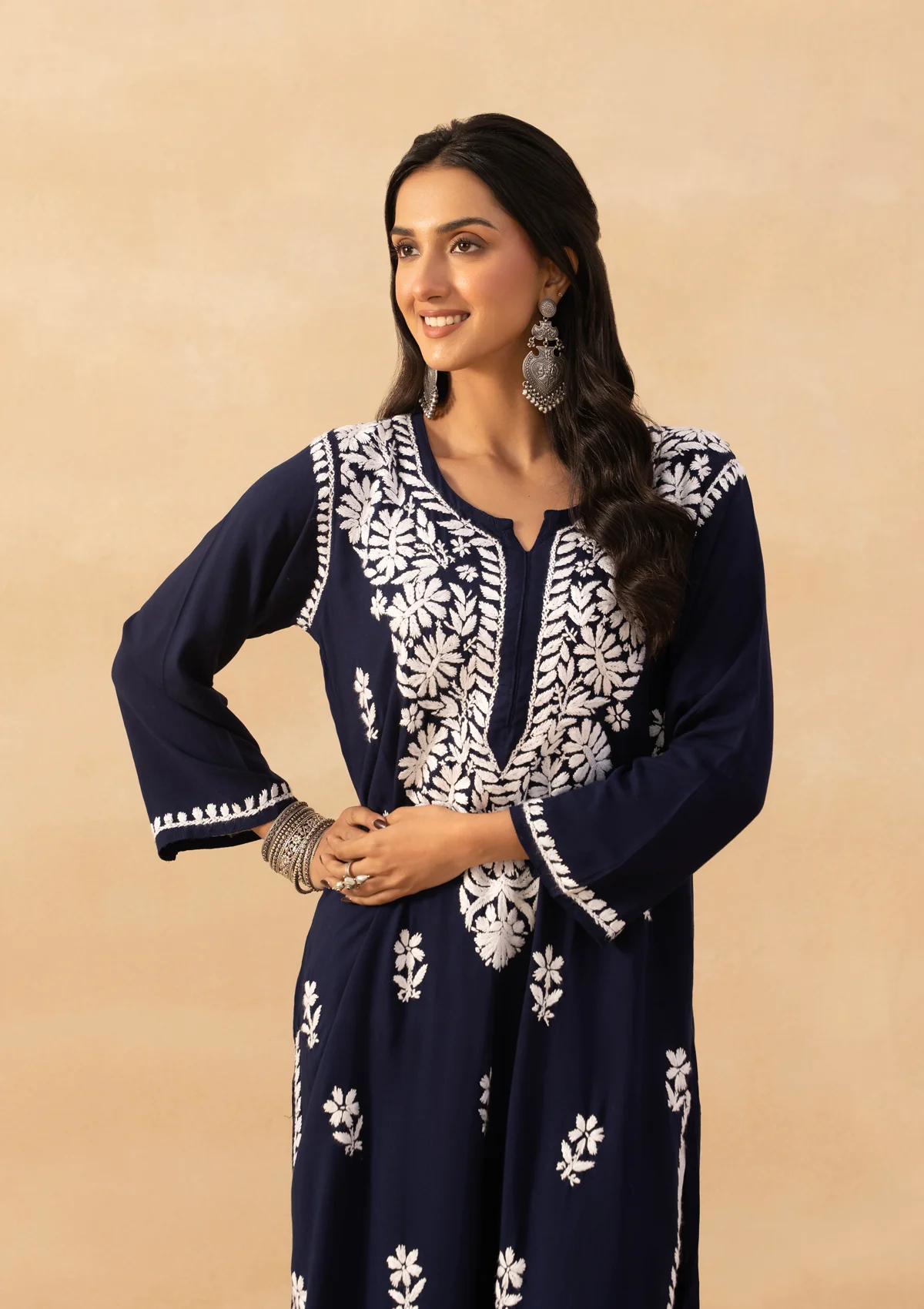 HOC Rayon Chikankari Solid Women's Long Kurta -Navy - Image 2