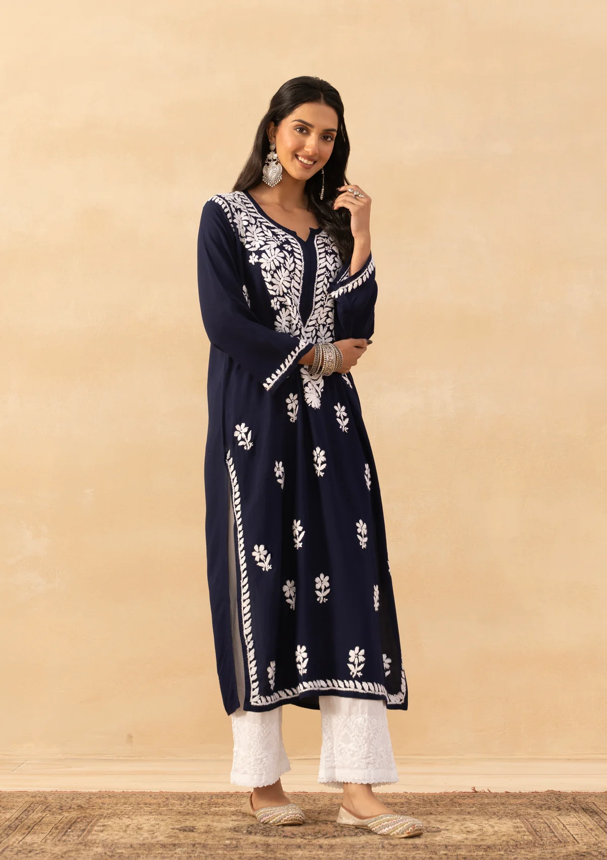 HOC Rayon Chikankari Solid Women's Long Kurta -Navy - Image 3