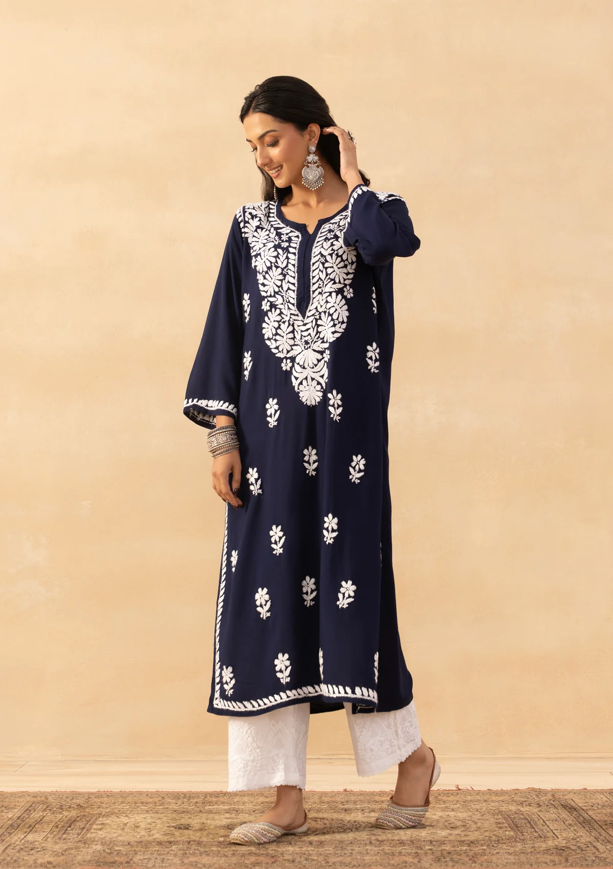HOC Rayon Chikankari Solid Women's Long Kurta -Navy - Image 4