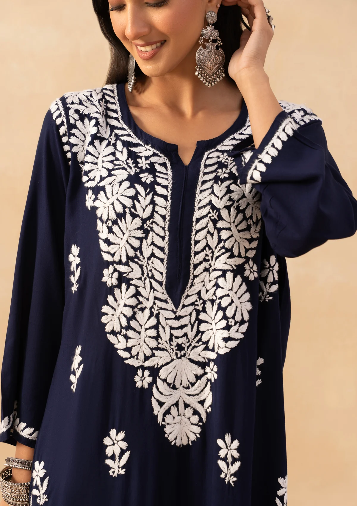 HOC Rayon Chikankari Solid Women's Long Kurta -Navy - Image 5