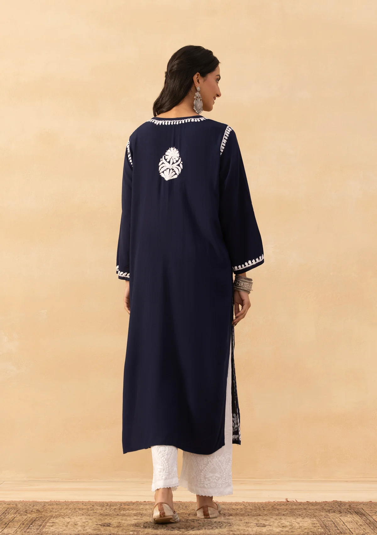 HOC Rayon Chikankari Solid Women's Long Kurta -Navy - Image 6