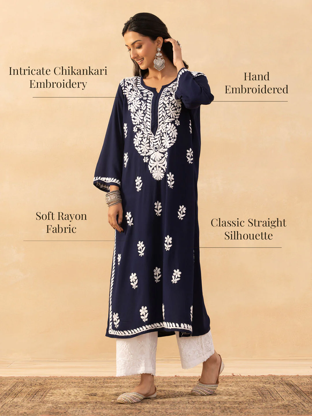 HOC Rayon Chikankari Solid Women's Long Kurta -Navy - Image 7