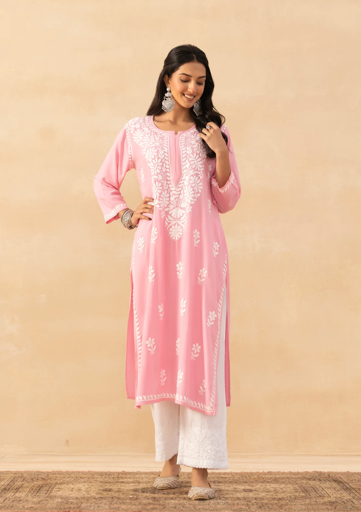 HOC Rayon Chikankari Solid Women's Long Kurta -Pink