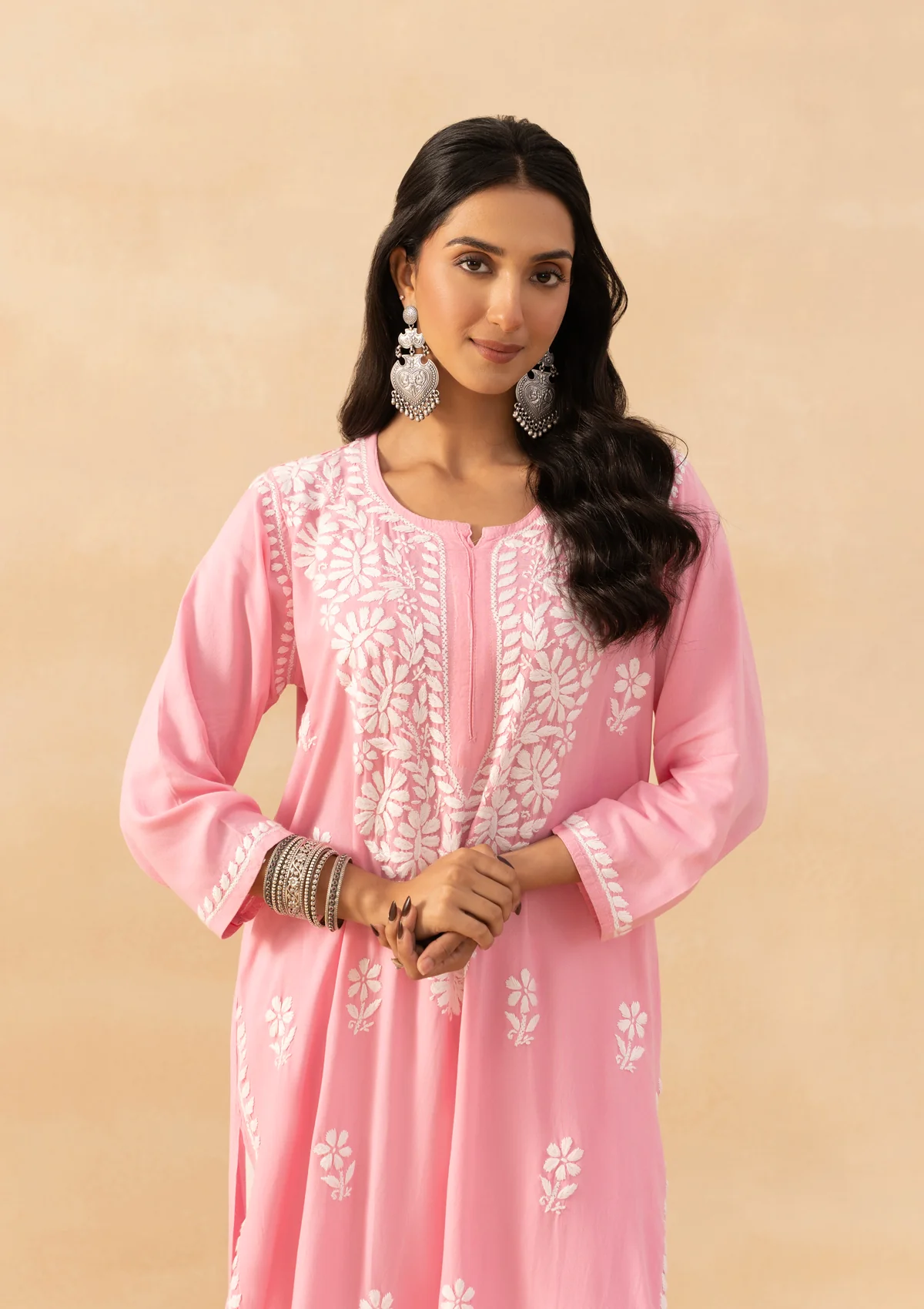 HOC Rayon Chikankari Solid Women's Long Kurta -Pink - Image 2