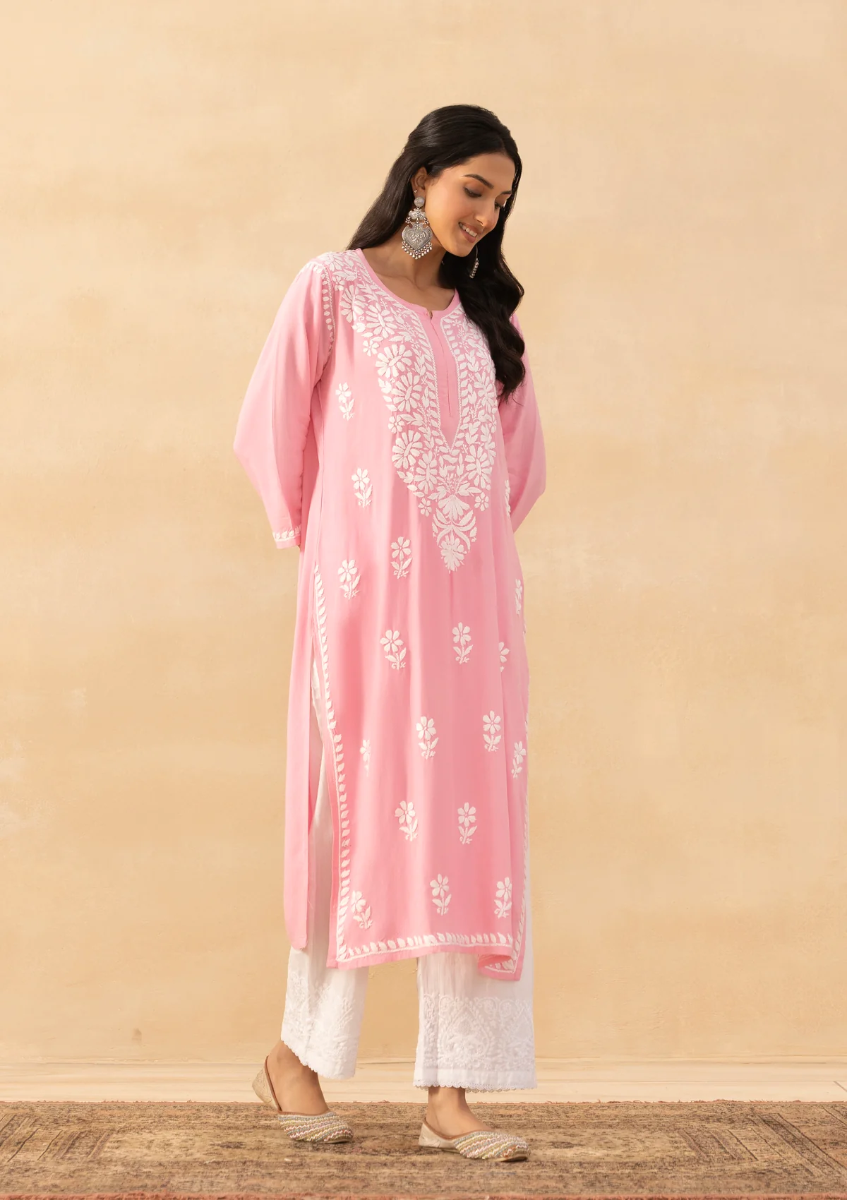 HOC Rayon Chikankari Solid Women's Long Kurta -Pink - Image 3