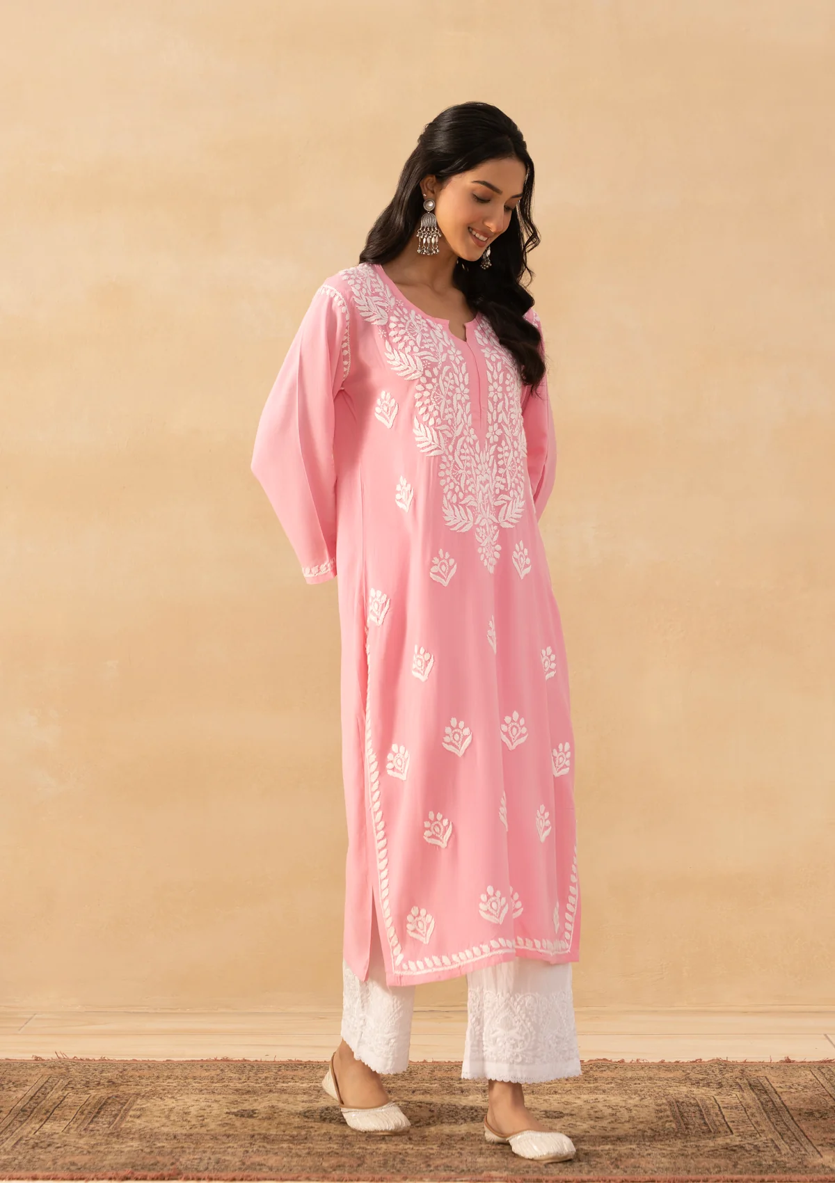 HOC Rayon Chikankari Solid Women's Long Kurta -Pink Pastel - Image 4