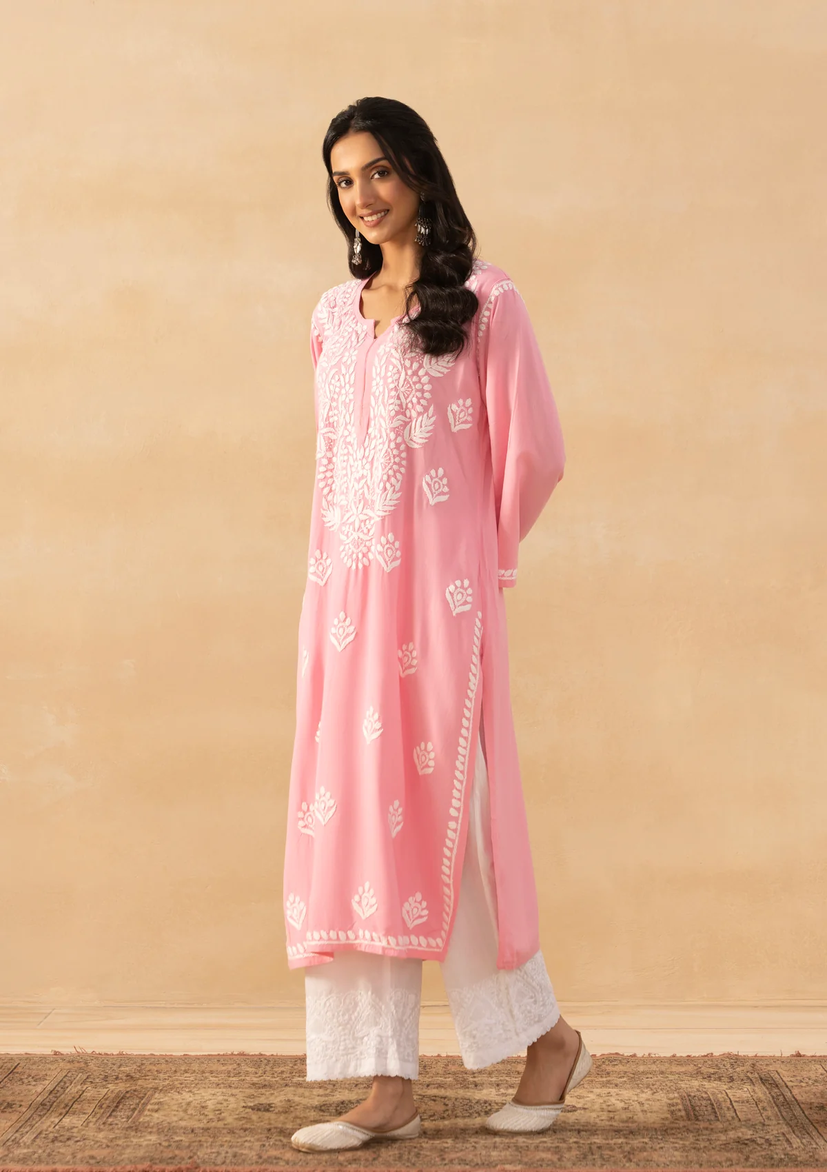 HOC Rayon Chikankari Solid Women's Long Kurta -Pink Pastel - Image 5