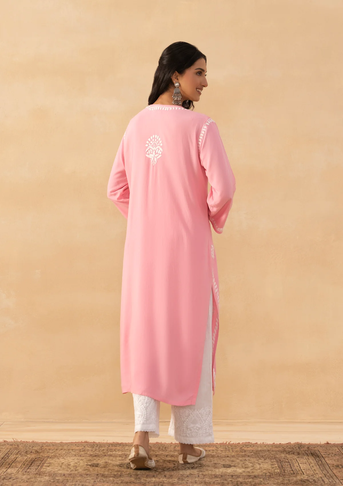 HOC Rayon Chikankari Solid Women's Long Kurta -Pink Pastel - Image 6