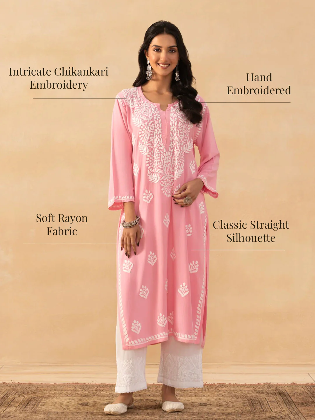 HOC Rayon Chikankari Solid Women's Long Kurta -Pink Pastel - Image 7