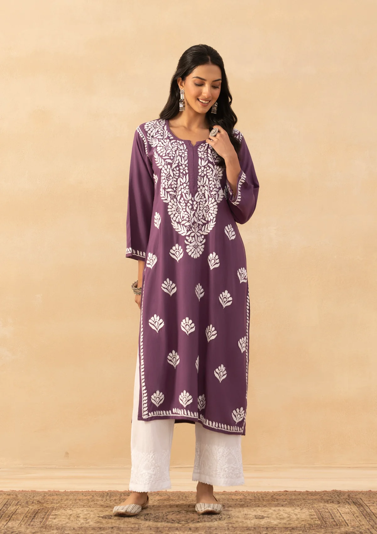 HOC Rayon Chikankari Solid Women's Long Kurta -Purple