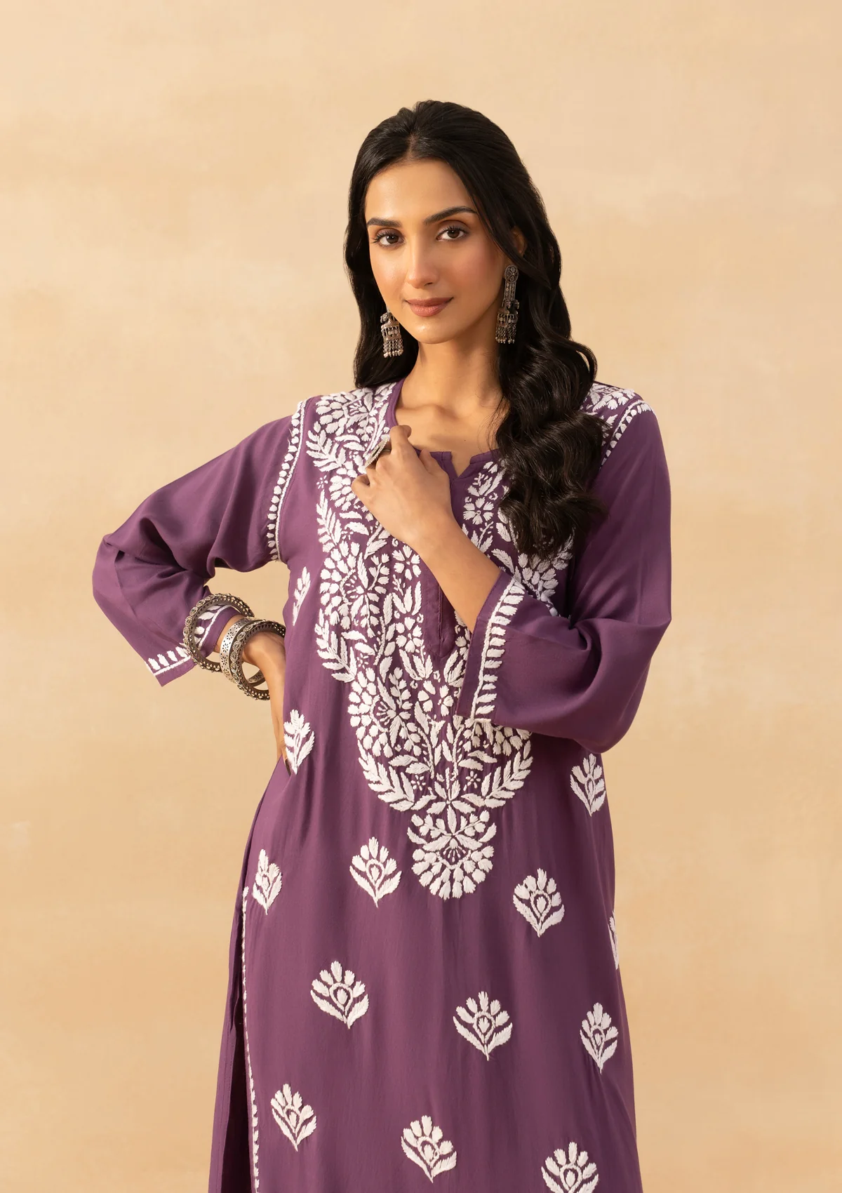 HOC Rayon Chikankari Solid Women's Long Kurta -Purple - Image 2