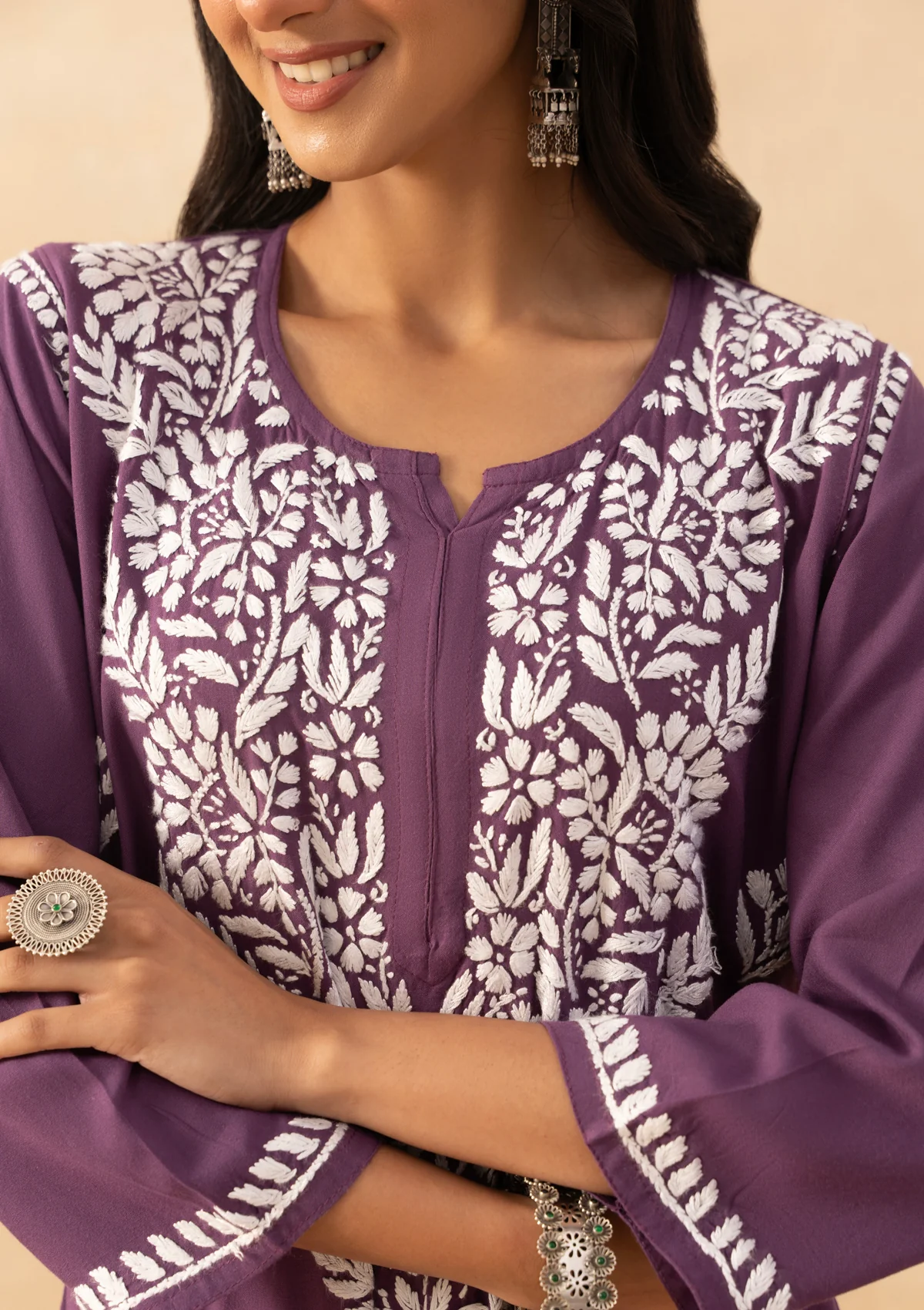 HOC Rayon Chikankari Solid Women's Long Kurta -Purple - Image 5