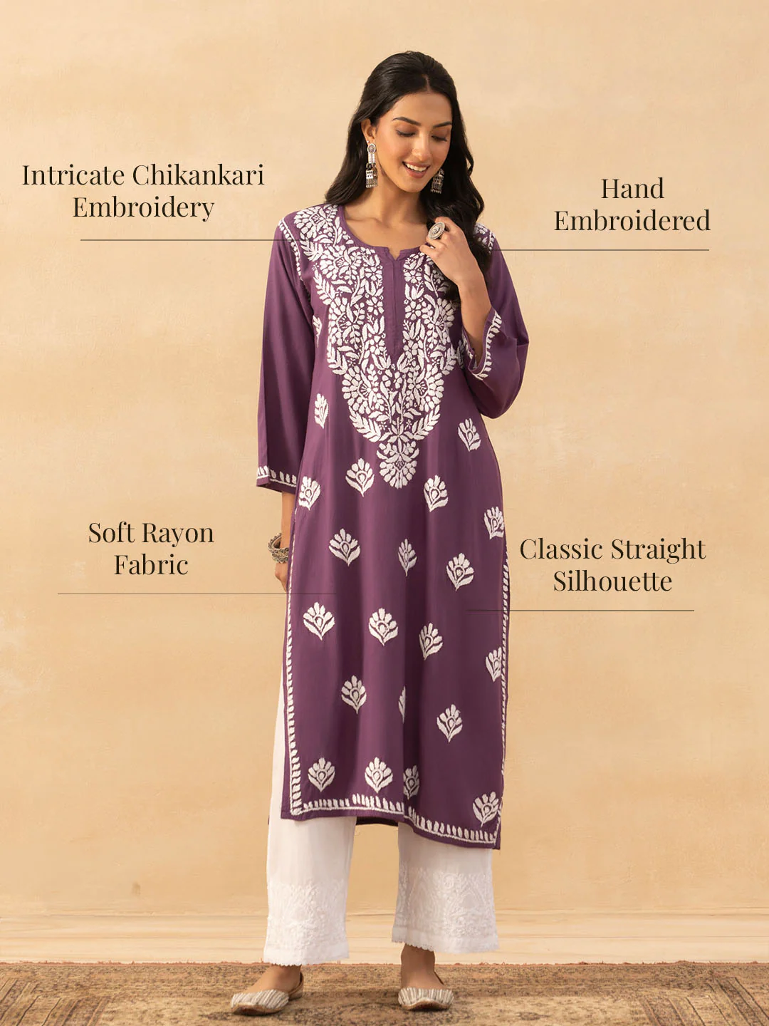 HOC Rayon Chikankari Solid Women's Long Kurta -Purple - Image 7