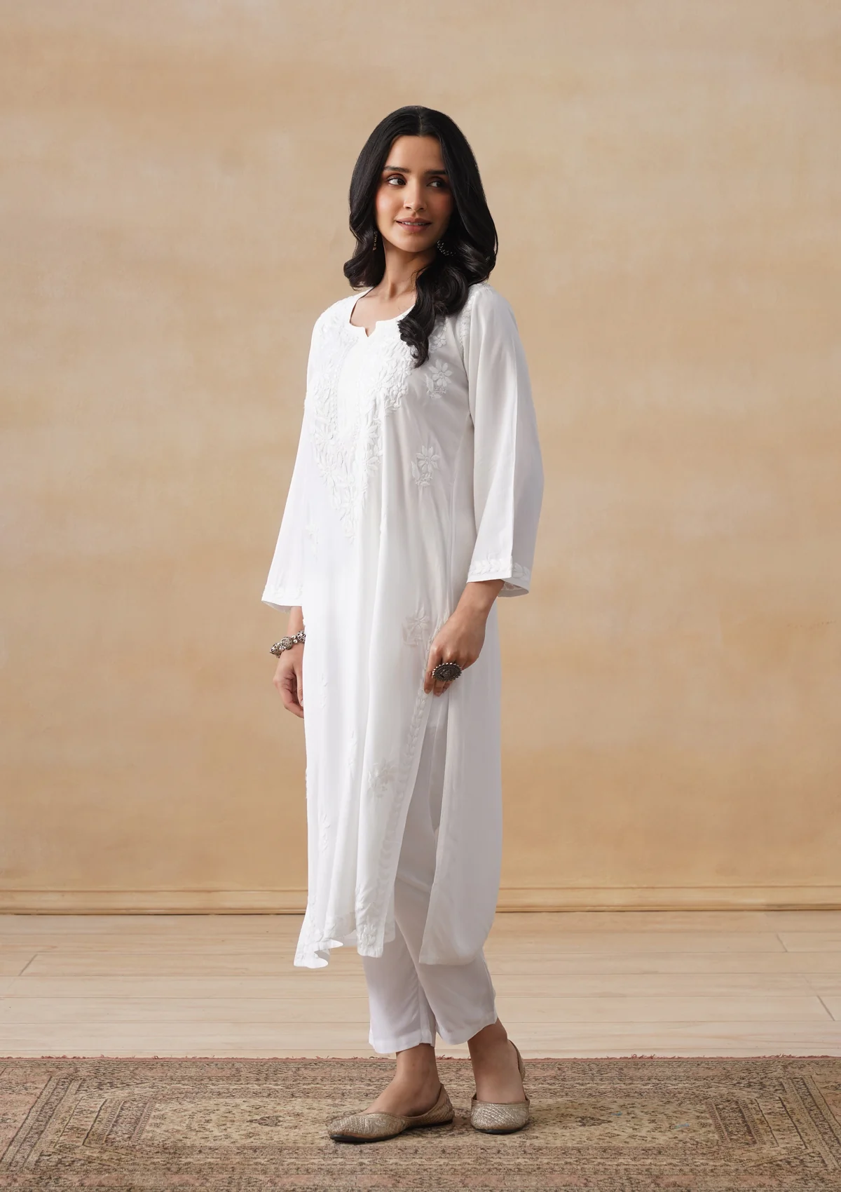 HOC Rayon Chikankari Solid Women's Long Kurta - White - Image 5