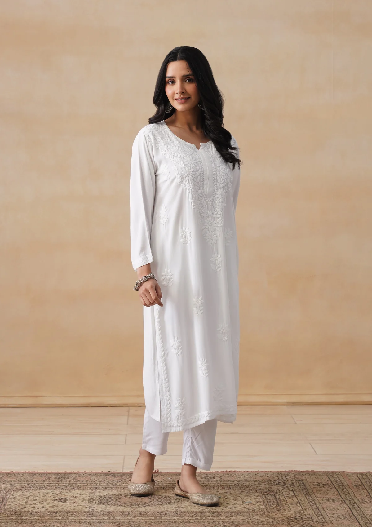 HOC Rayon Chikankari Solid Women's Long Kurta - White - Image 6