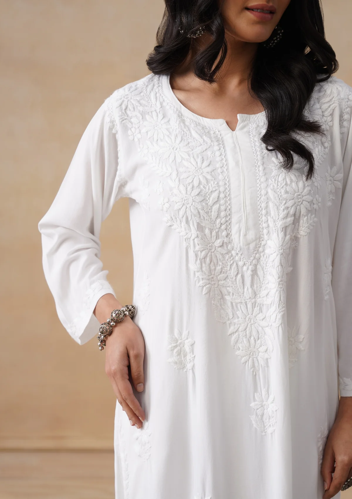 HOC Rayon Chikankari Solid Women's Long Kurta - White - Image 7