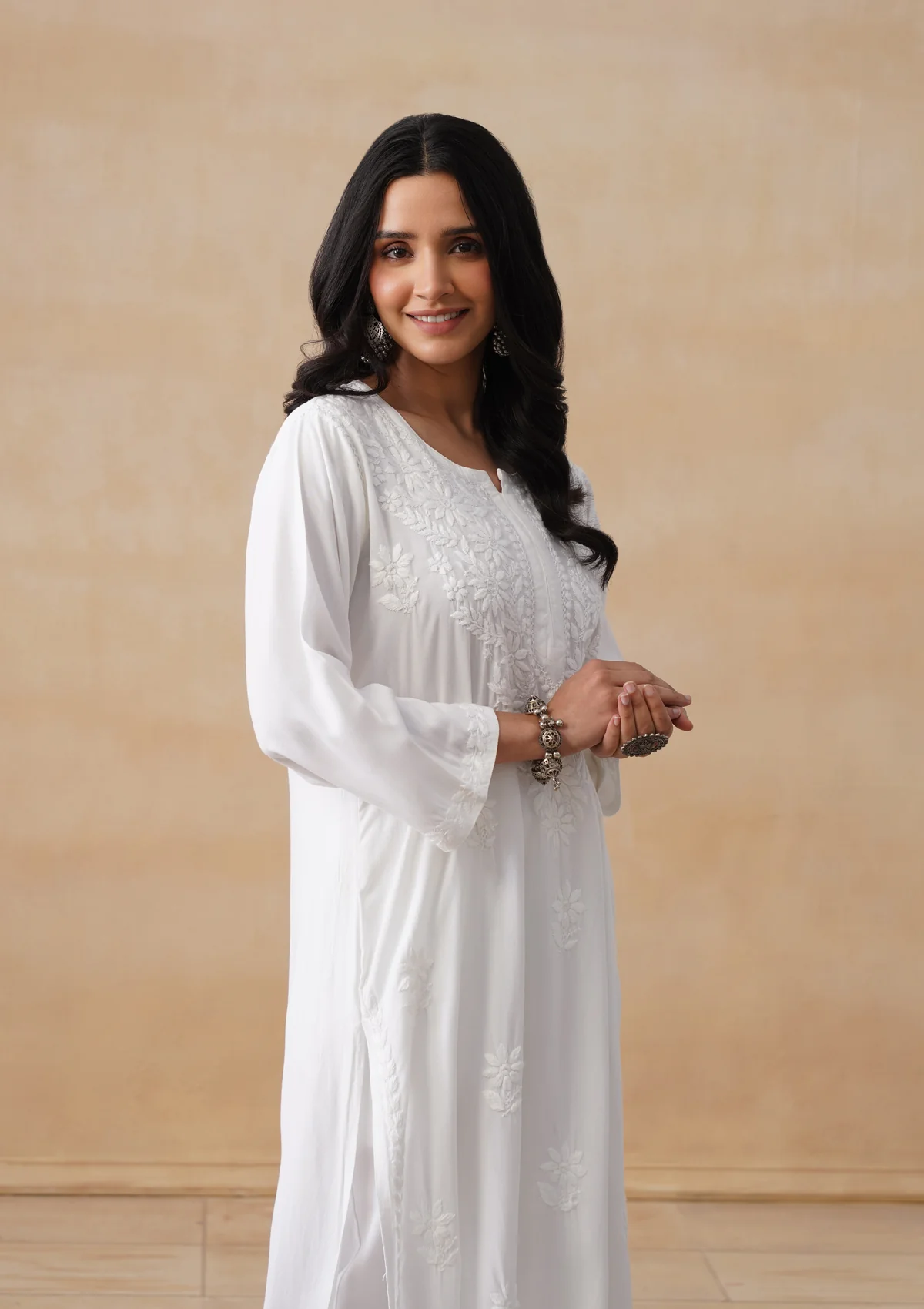 HOC Rayon Chikankari Solid Women's Long Kurta - White - Image 8