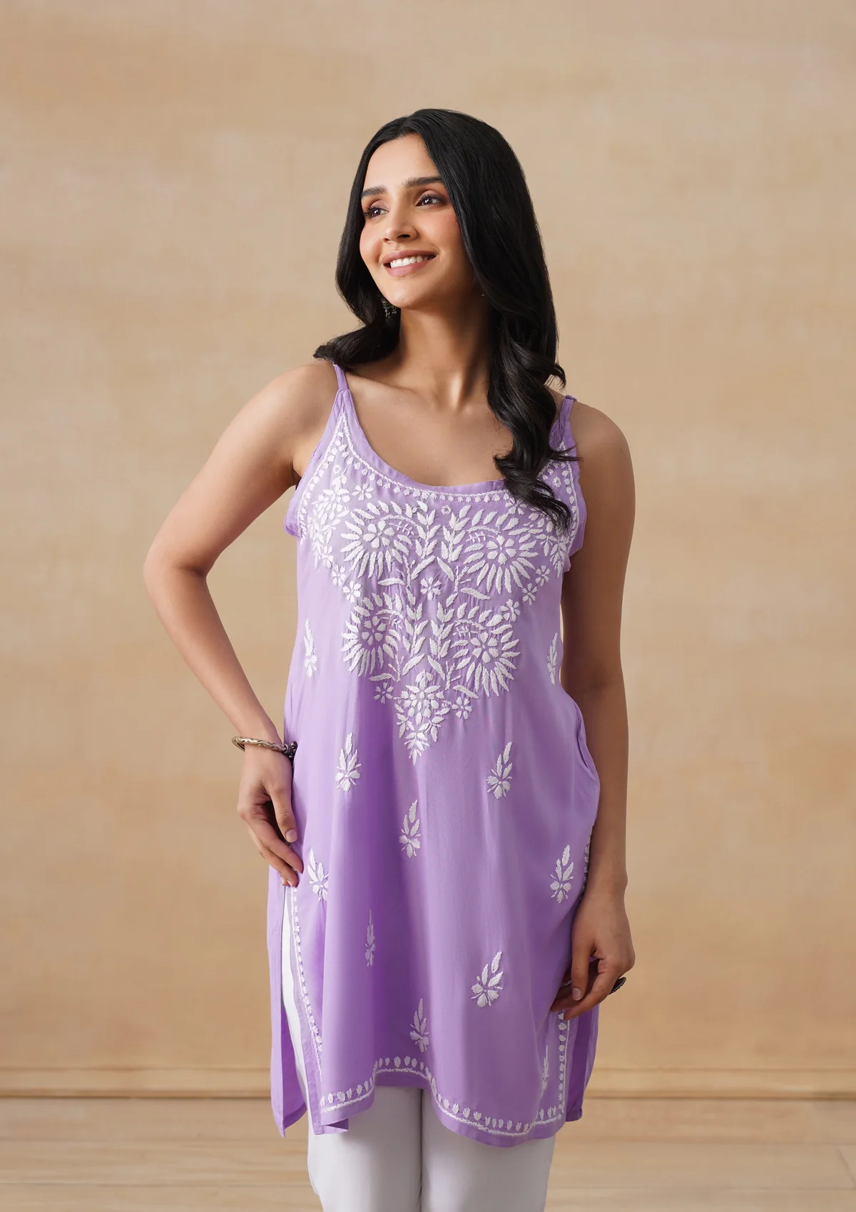 HOC Rayon Chikankari Solid Women's Short Kurta - Lavender