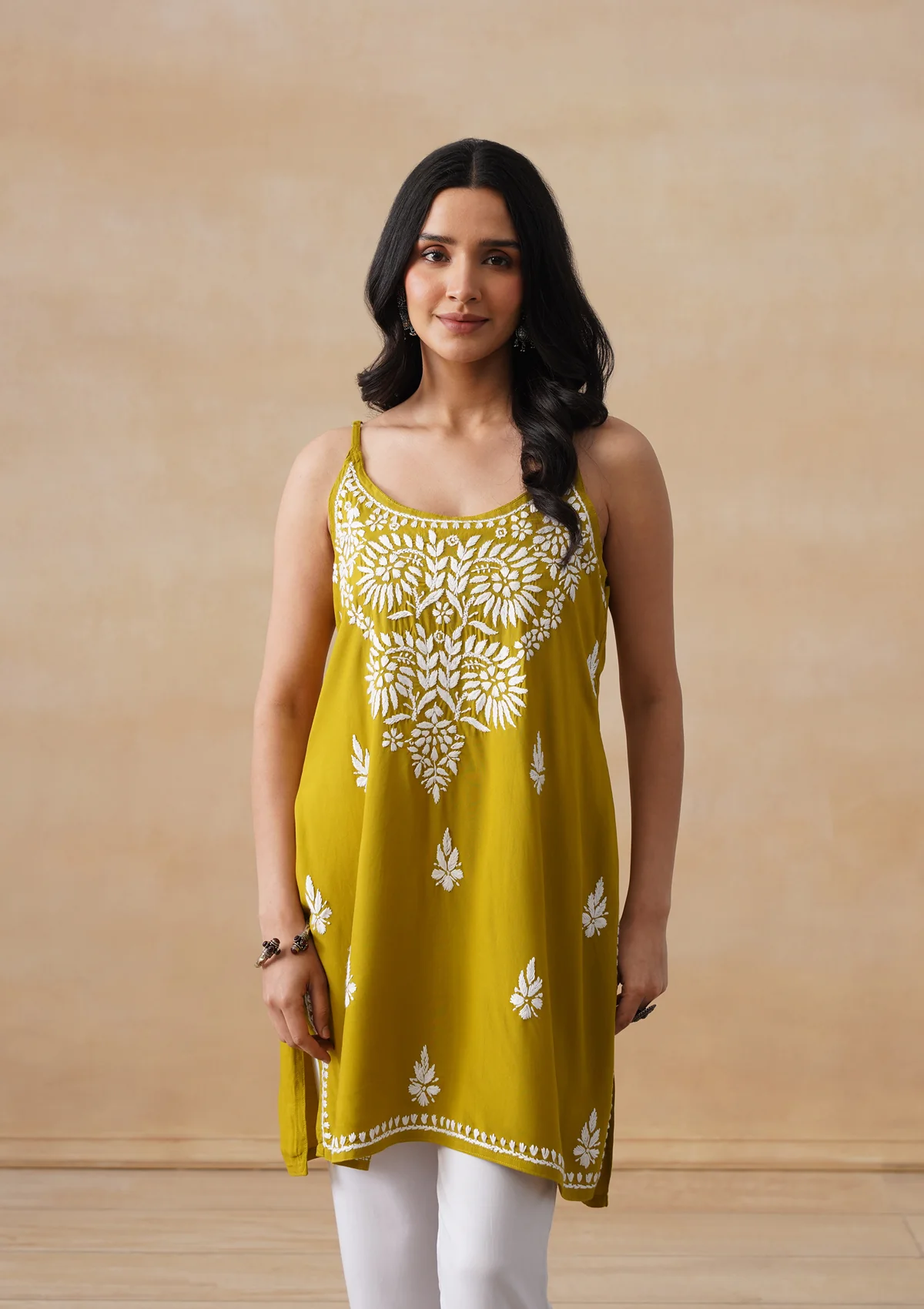 HOC Rayon Chikankari Solid Women's Short Kurta - Lime Yellow