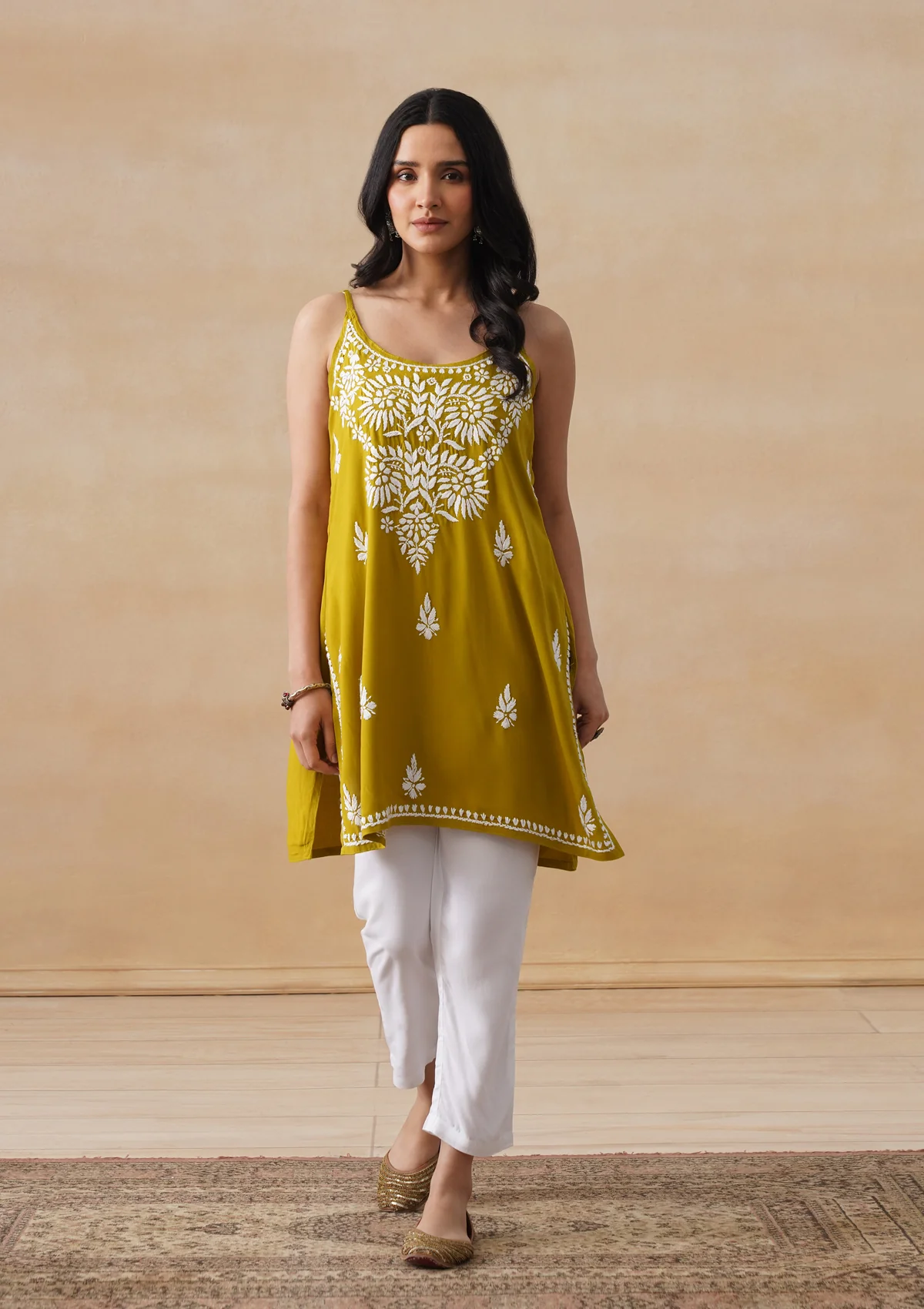 HOC Rayon Chikankari Solid Women's Short Kurta - Lime Yellow - Image 2