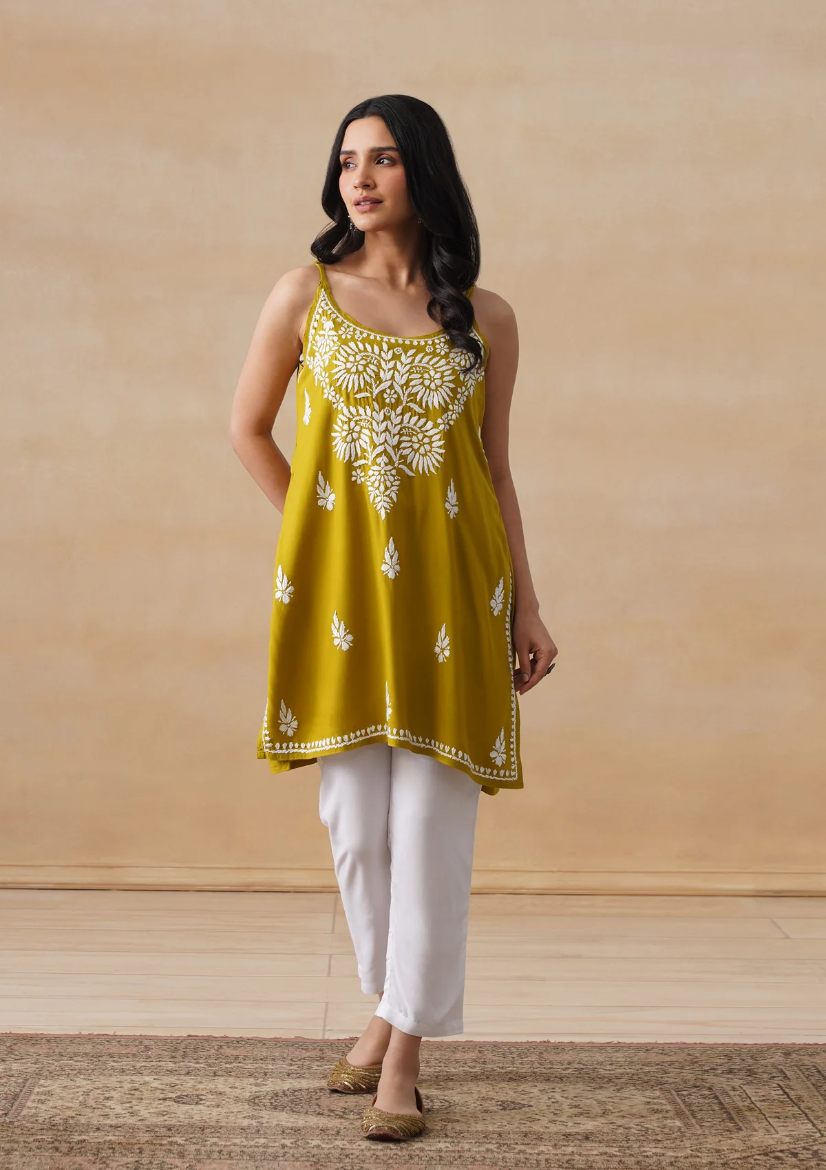 HOC Rayon Chikankari Solid Women's Short Kurta - Lime Yellow - Image 3