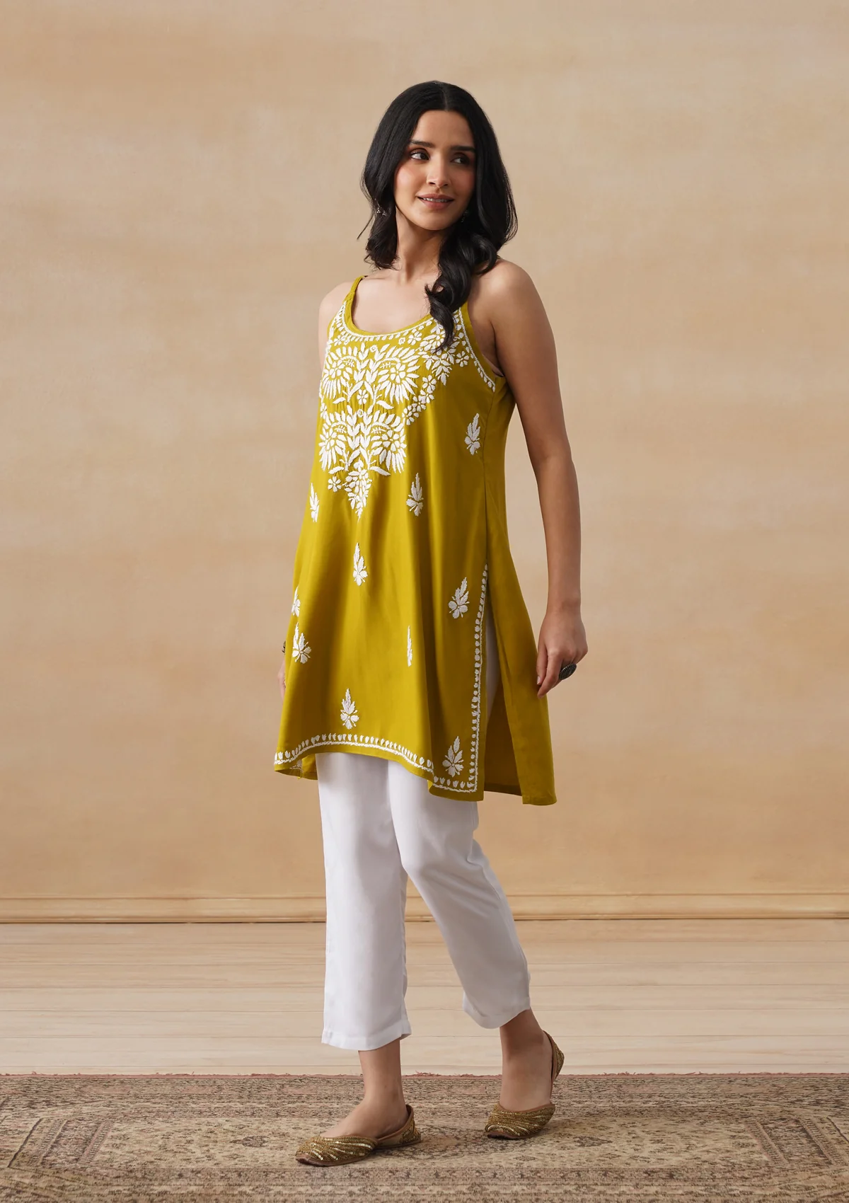 HOC Rayon Chikankari Solid Women's Short Kurta - Lime Yellow - Image 5