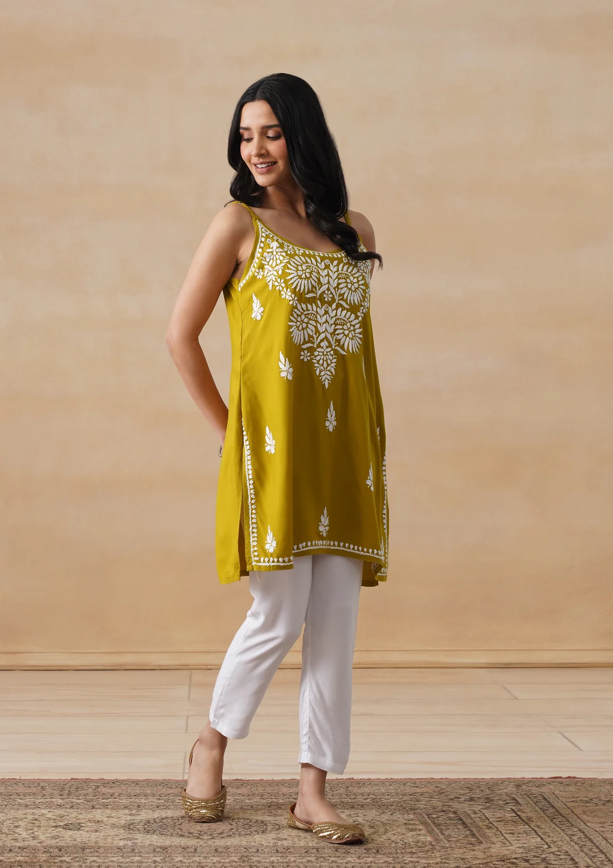 HOC Rayon Chikankari Solid Women's Short Kurta - Lime Yellow - Image 6