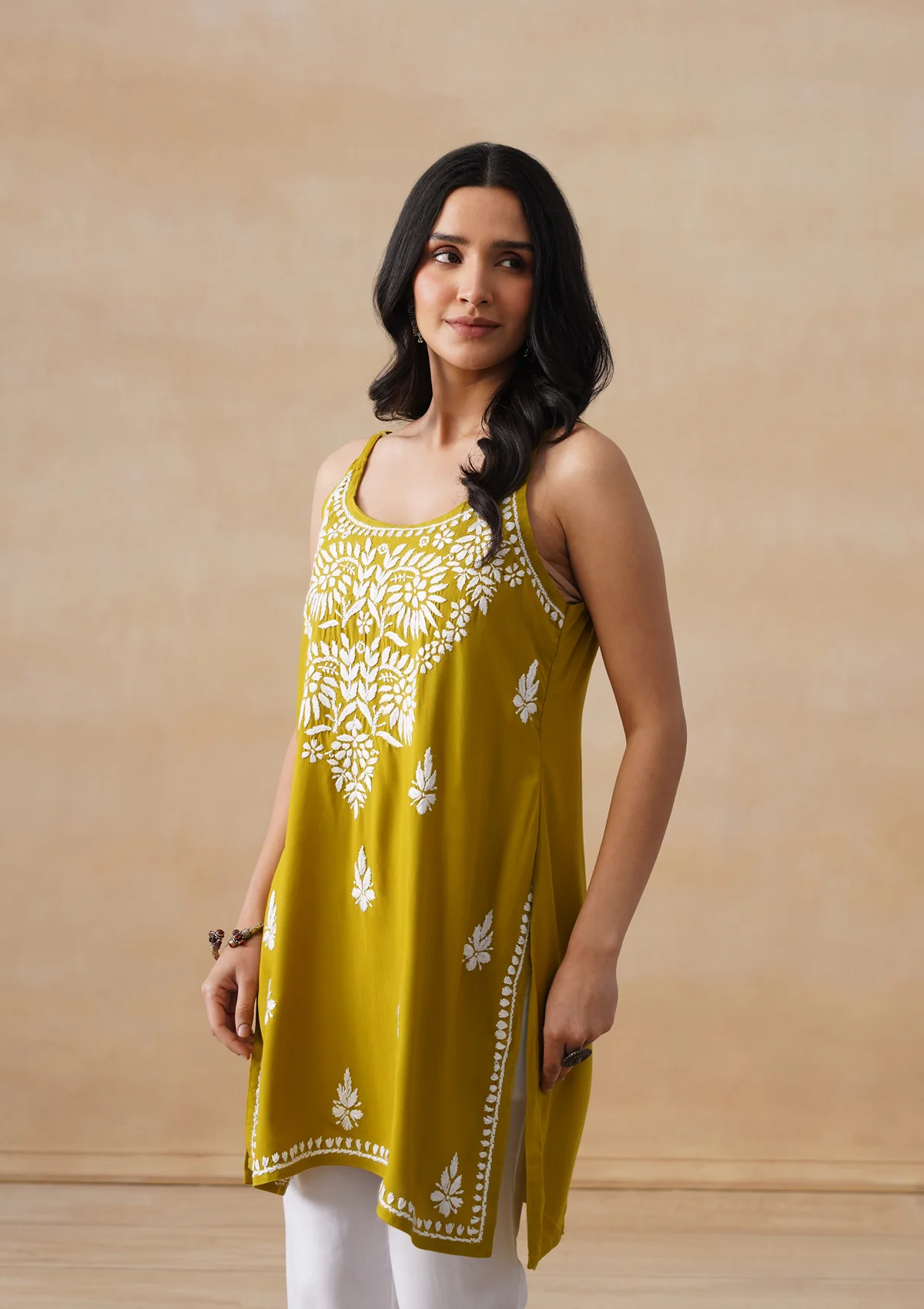 HOC Rayon Chikankari Solid Women's Short Kurta - Lime Yellow - Image 8