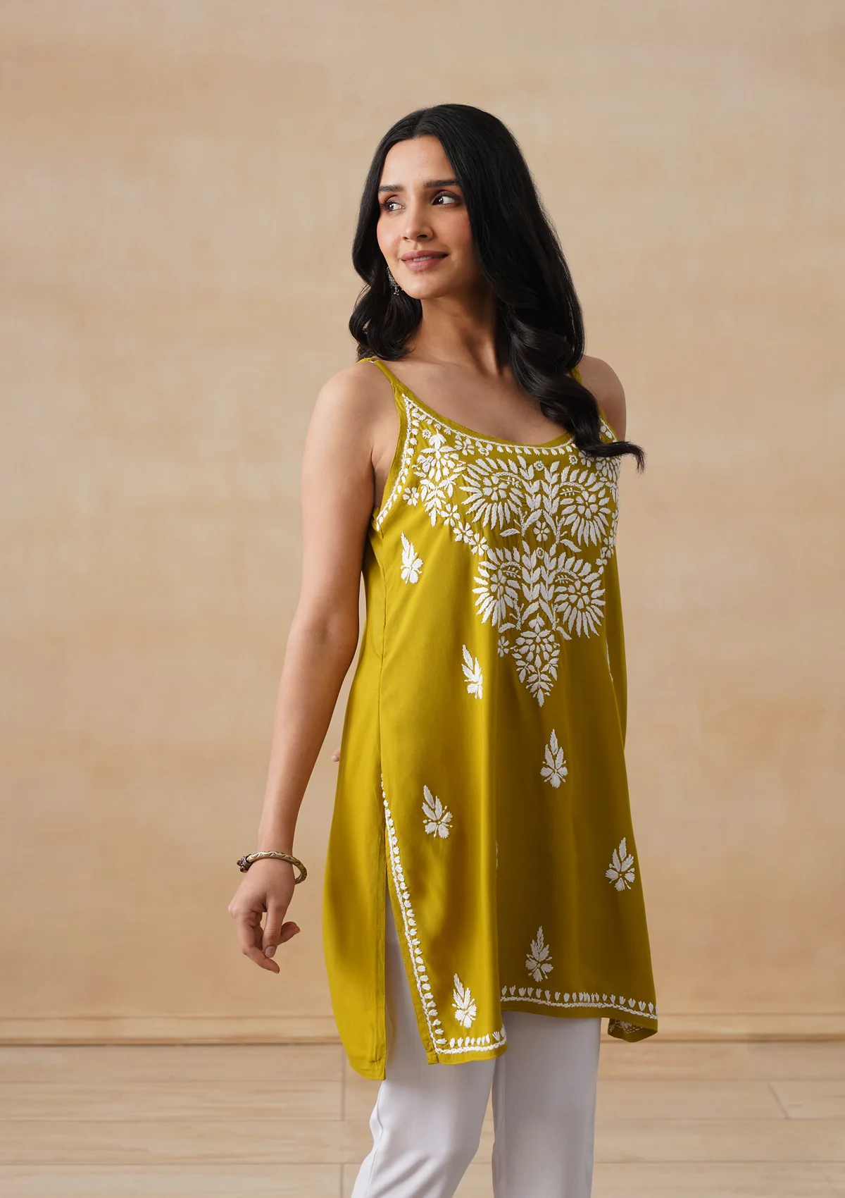 HOC Rayon Chikankari Solid Women's Short Kurta - Lime Yellow - Image 9
