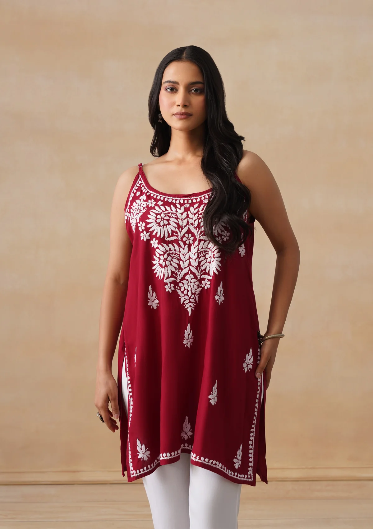 HOC Rayon Chikankari Solid Women's Short Kurta - Maroon