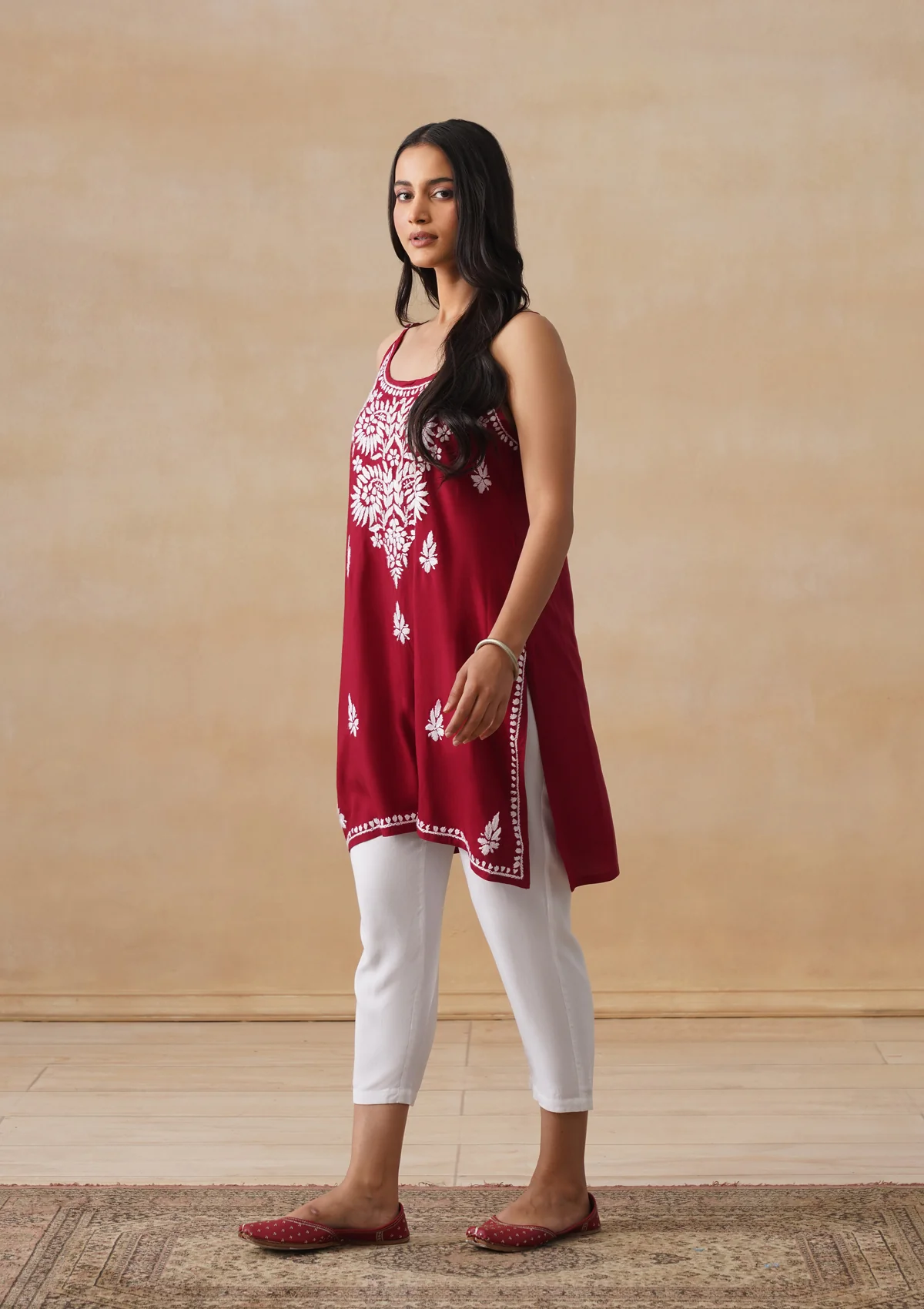 HOC Rayon Chikankari Solid Women's Short Kurta - Maroon - Image 3