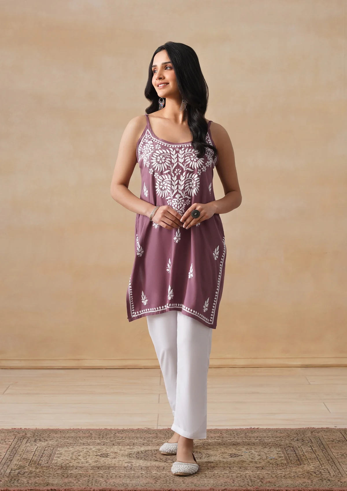HOC Rayon Chikankari Solid Women's Short Kurta - Mauve - Image 2