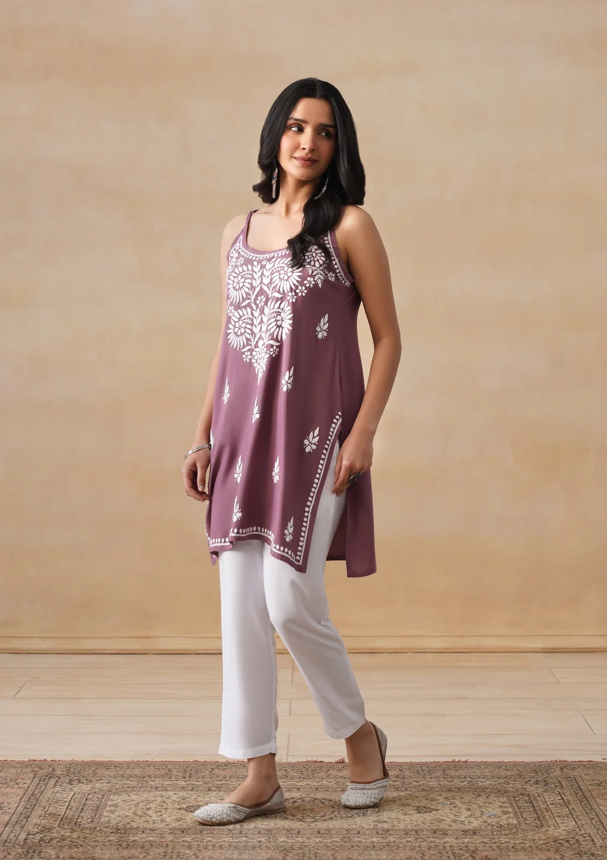 HOC Rayon Chikankari Solid Women's Short Kurta - Mauve - Image 3