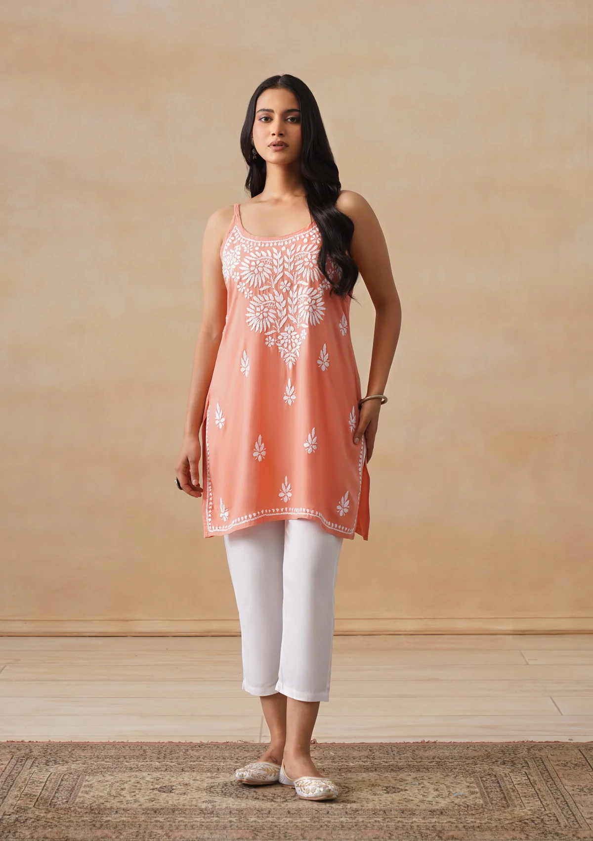 HOC Rayon Chikankari Solid Women's Short Kurta - Peach