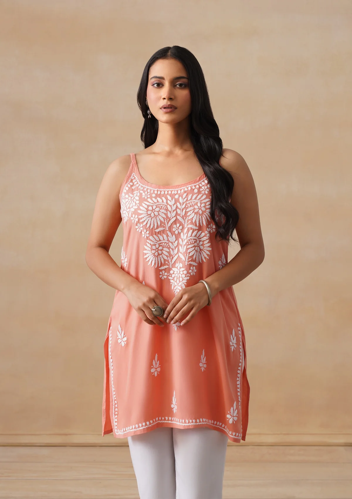 HOC Rayon Chikankari Solid Women's Short Kurta - Peach - Image 2