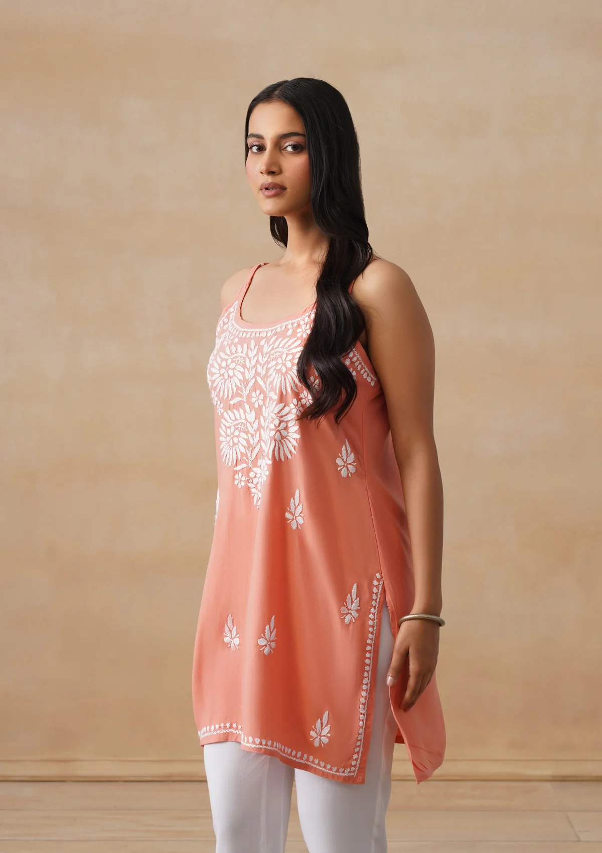 HOC Rayon Chikankari Solid Women's Short Kurta - Peach - Image 5
