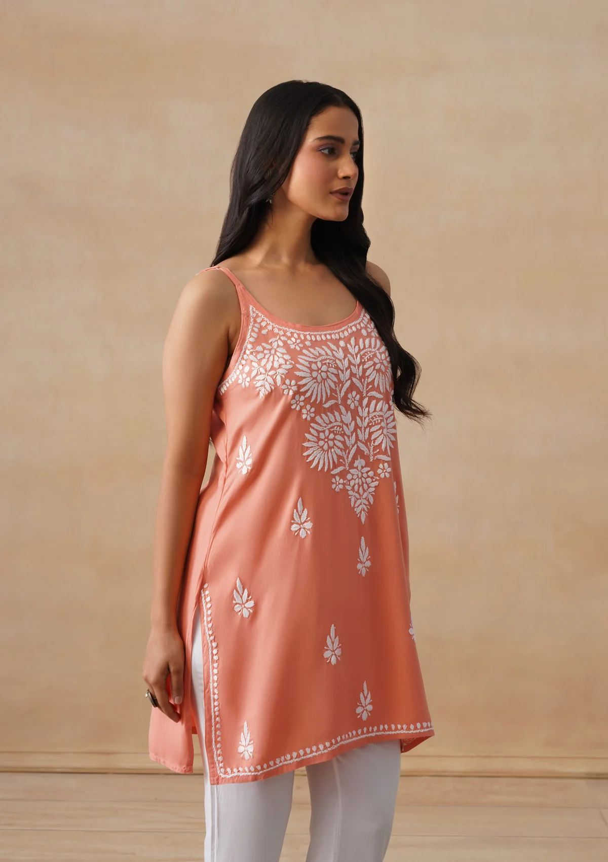 HOC Rayon Chikankari Solid Women's Short Kurta - Peach - Image 6