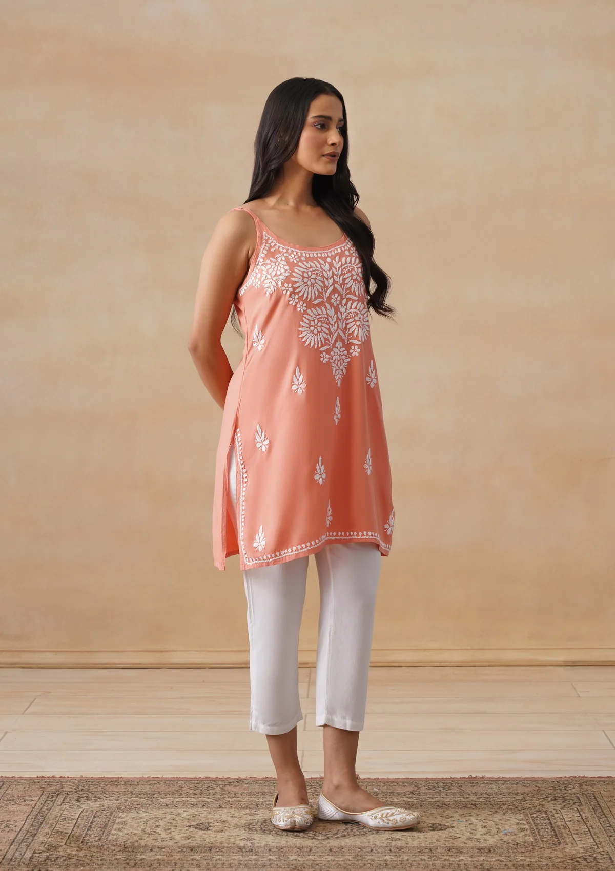 HOC Rayon Chikankari Solid Women's Short Kurta - Peach - Image 8