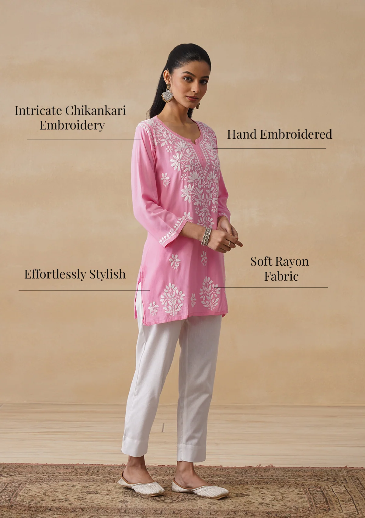 HOC Rayon Chikankari Solid Women's Short Kurta - Pink pastel - Image 10